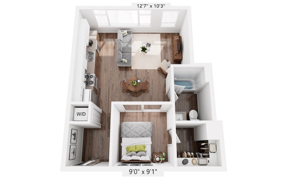 A7 - 1 bedroom floorplan layout with 1 bathroom and 687 square feet