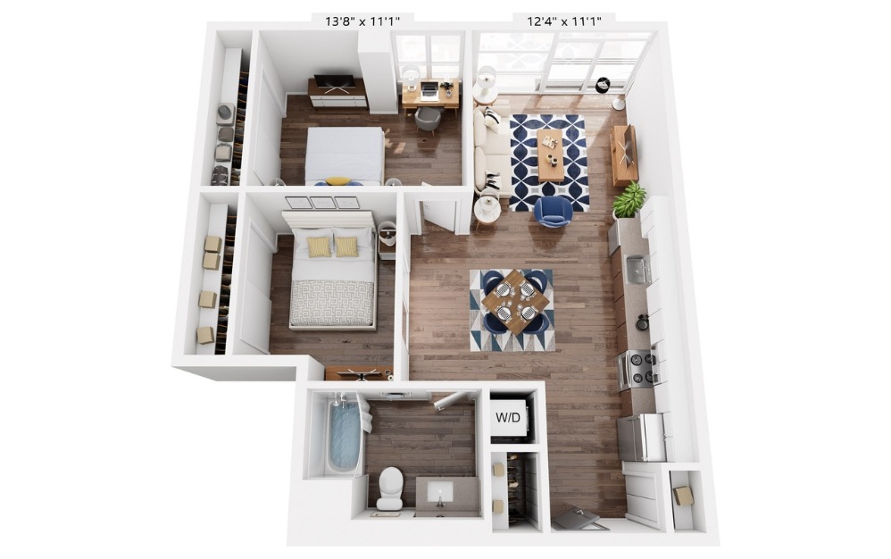 B1 - 2 bedroom floorplan layout with 1 bathroom and 852 square feet