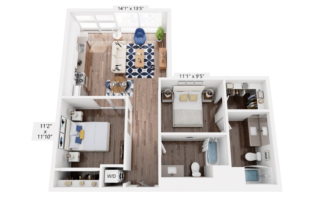 B3 - 2 bedroom floorplan layout with 2 bathrooms and 904 square feet