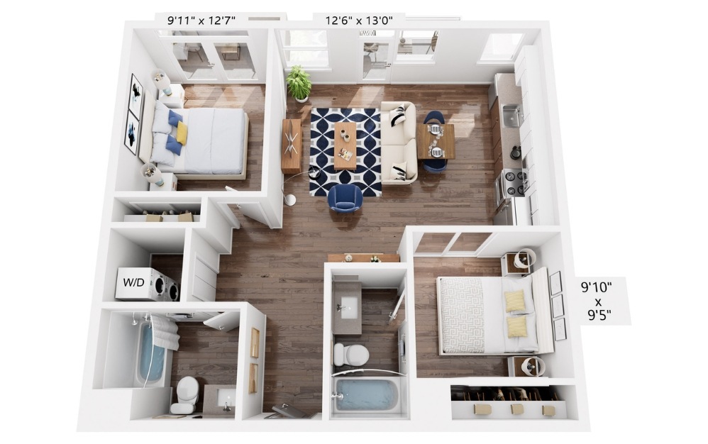 B4 - 2 bedroom floorplan layout with 2 bathrooms and 939 square feet