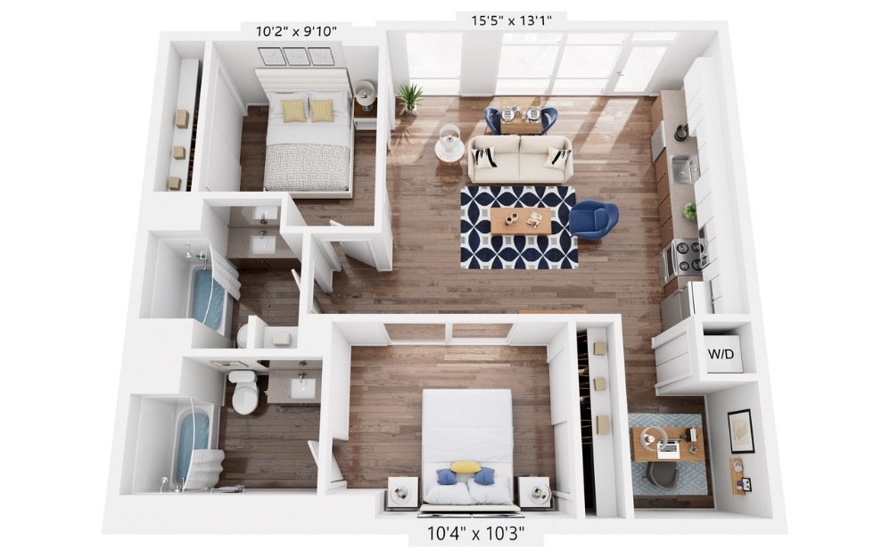 B6 - 2 bedroom floorplan layout with 2 bathrooms and 982 square feet
