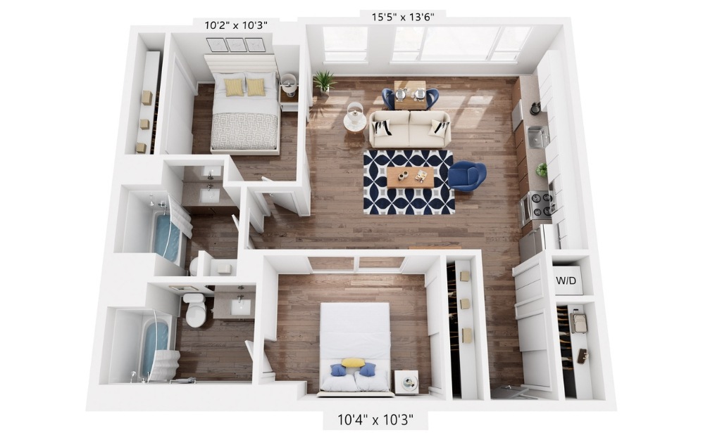 B7 - 2 bedroom floorplan layout with 2 bathrooms and 984 square feet