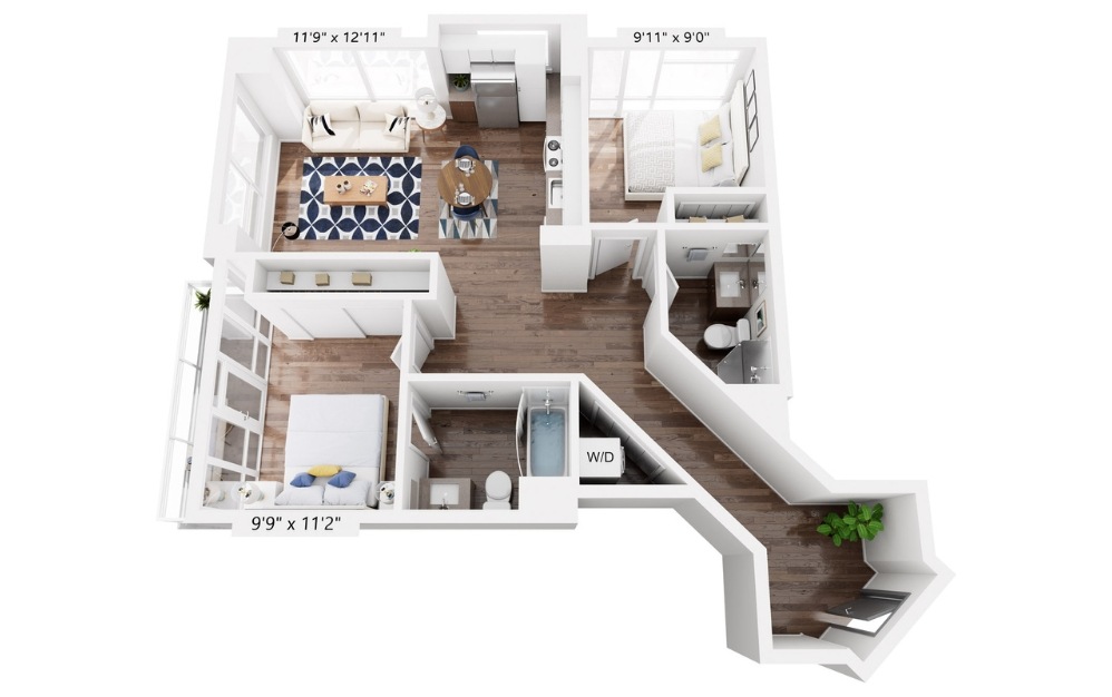 B8 - 2 bedroom floorplan layout with 2 bathrooms and 1009 square feet