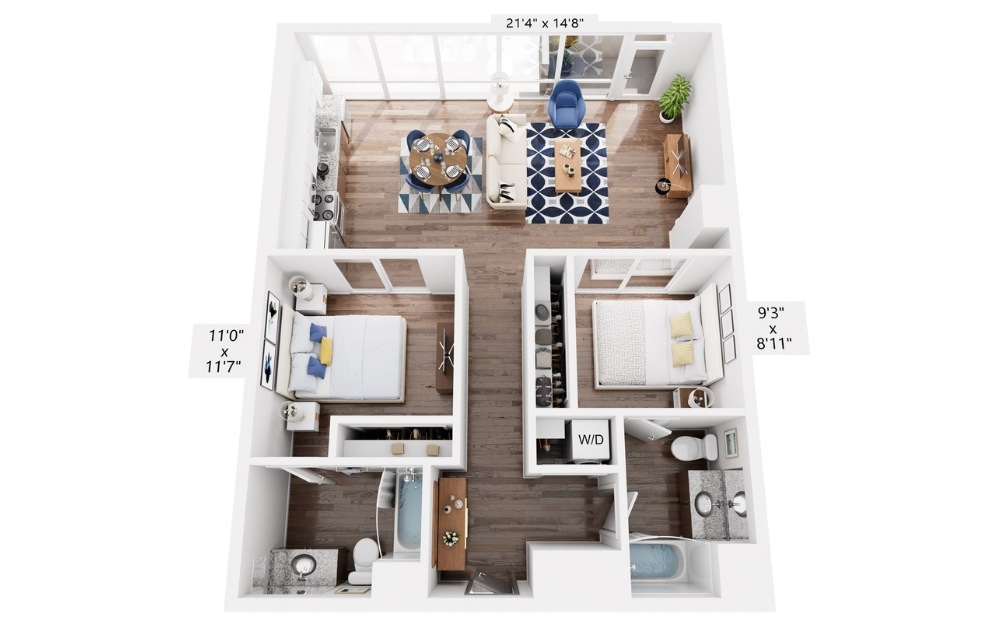 B9 - 2 bedroom floorplan layout with 2 bathrooms and 1082 square feet