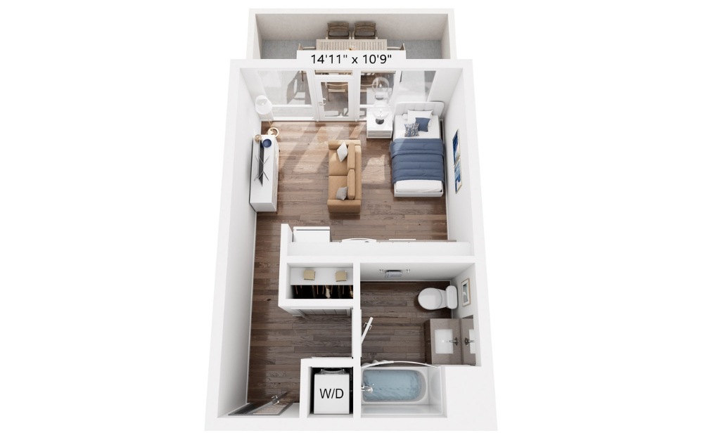 E1 - Studio floorplan layout with 1 bathroom and 381 square feet