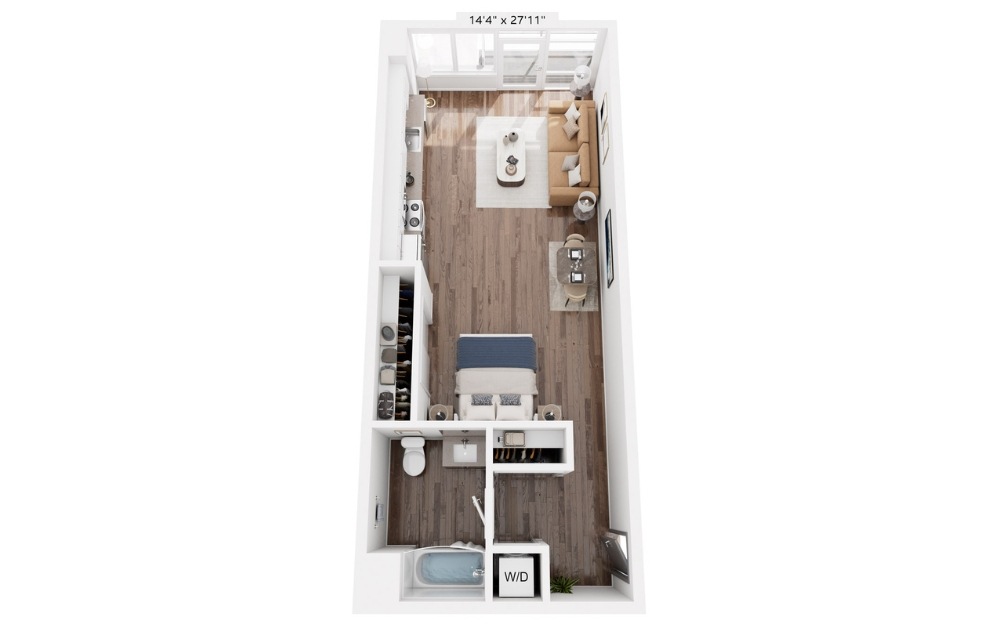 E10 - Studio floorplan layout with 1 bathroom and 597 square feet