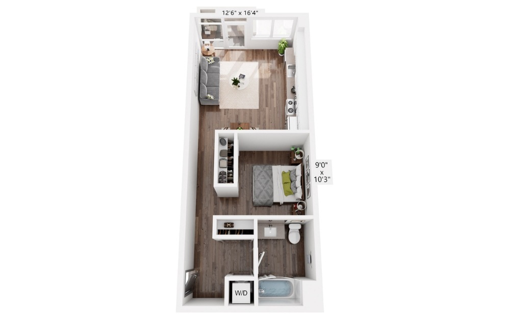 E16 - Studio floorplan layout with 1 bathroom and 596 square feet