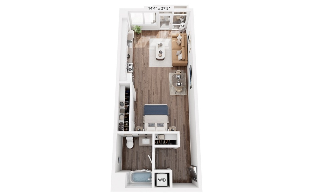 E17 - Studio floorplan layout with 1 bathroom and 597 square feet