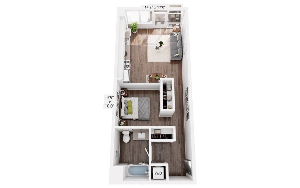E18 - Studio floorplan layout with 1 bathroom and 610 square feet