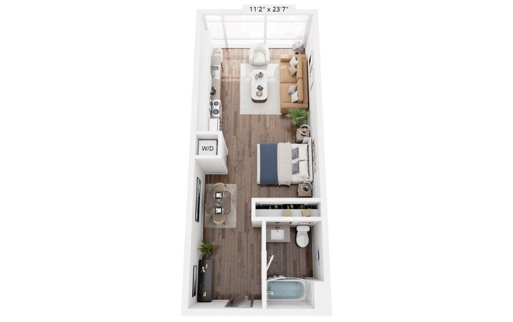E19 - Studio floorplan layout with 1 bathroom and 616 square feet