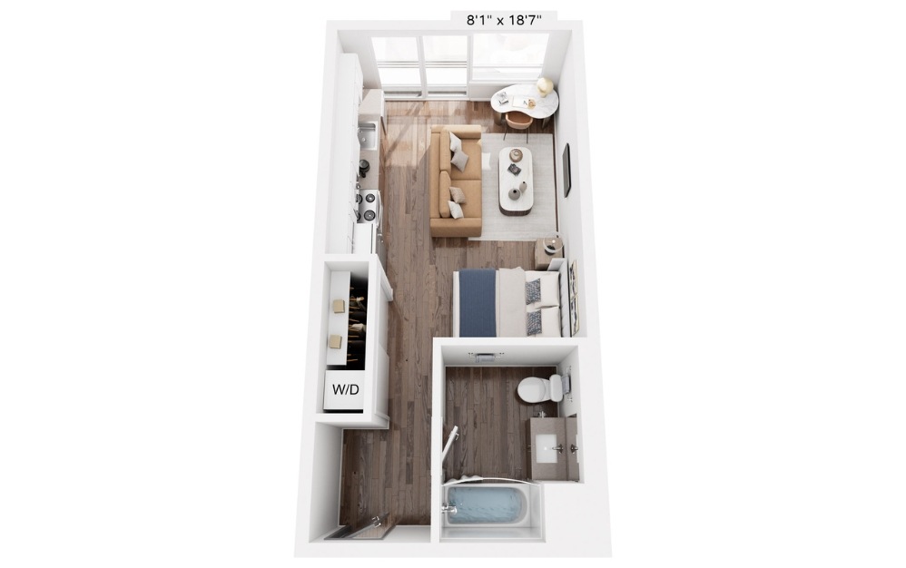 E2 - Studio floorplan layout with 1 bathroom and 412 square feet