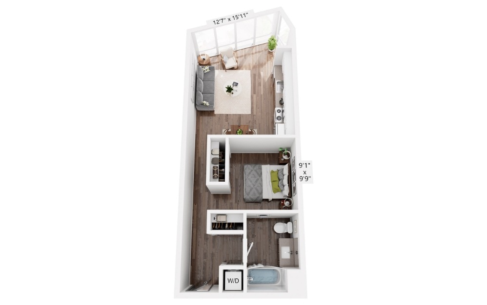 E20 - Studio floorplan layout with 1 bathroom and 647 square feet