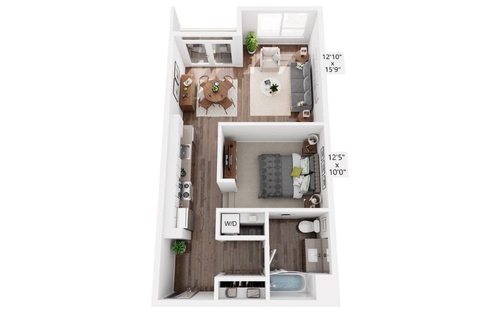 E22 - Studio floorplan layout with 1 bathroom and 737 square feet