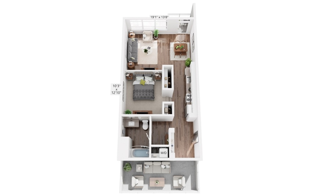 E23 - Studio floorplan layout with 1 bathroom and 771 square feet