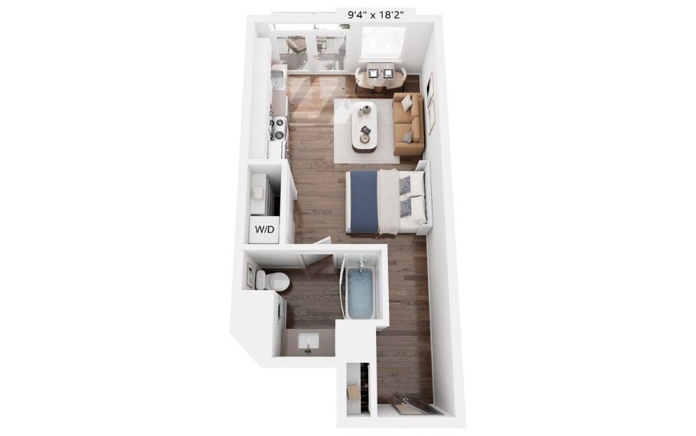 E3 - Studio floorplan layout with 1 bathroom and 428 square feet