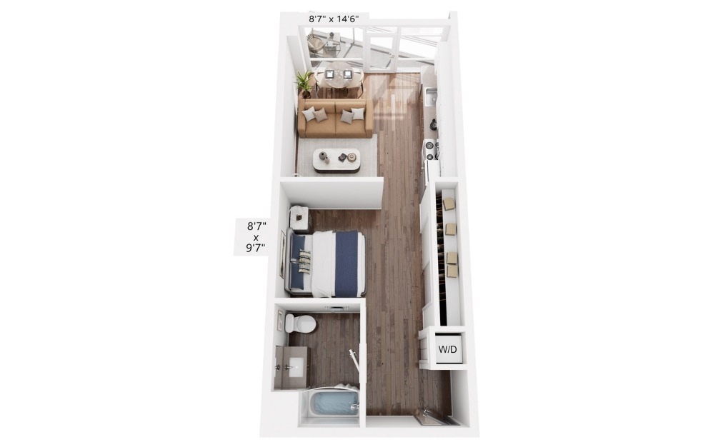 E5 - Studio floorplan layout with 1 bathroom and 520 square feet