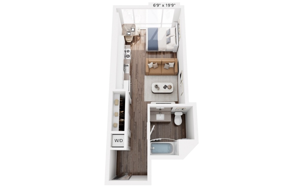 E6 - Studio floorplan layout with 1 bathroom and 525 square feet