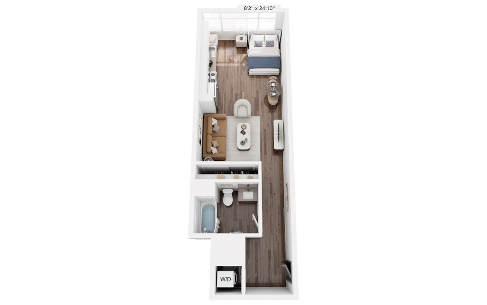 E7 - Studio floorplan layout with 1 bathroom and 551 square feet