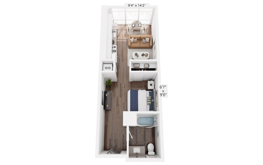 E8 - Studio floorplan layout with 1 bathroom and 573 square feet