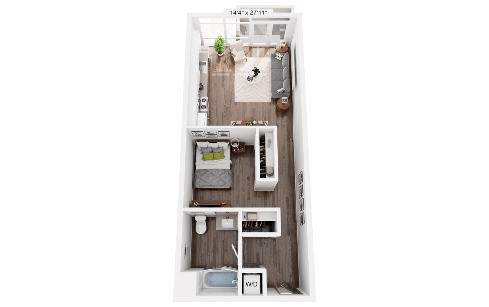 E9 - Studio floorplan layout with 1 bathroom and 597 square feet (Layout 1)
