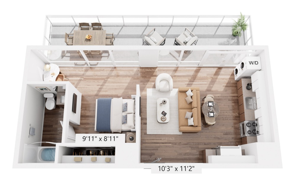 A2 - 1 bedroom floorplan layout with 1 bathroom and 542 square feet